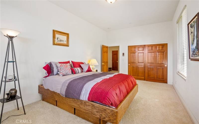 The bedroom offers 10' tall ceilings and plush carpet.