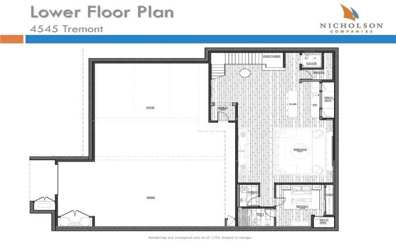 Subterranean with room for 6 cars, media, bar, powder, bedroom & bath