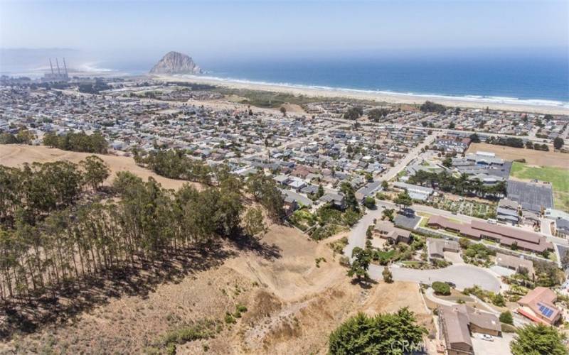 Drone view of Morro Bay Rock and the Stacks south of property.