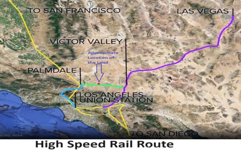 Map and route of Mass transportation projects running from Las Vegas to Victorville and around the Los Angeles and San Bernardino County.