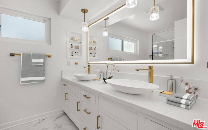 Fully remodeled primary bathroom-virtually staged