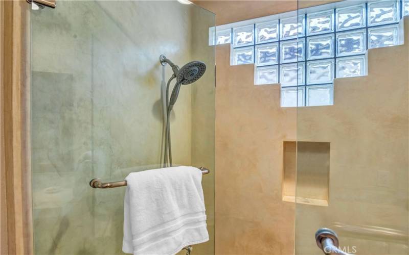 Beautiful Hall Bathroom Shower with Decorative Glass Block Allowing Natural Light into this Beautiful Bathroom!
