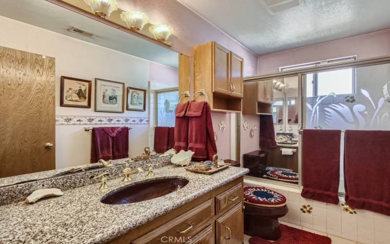 The hall bath features a granite counter-top, wood vanity, and tub/shower combo.