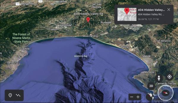 google earth Located dead center between Santa Cruz/Capitola and Monterey/Carmel with a hilltop (550 ft in Elev on 3.45 acres) 360 degree panoramic view near Elkhorn Slough where sea otters thrive and it is commutable to the Bay Area via HWY 101 or 1 & 17