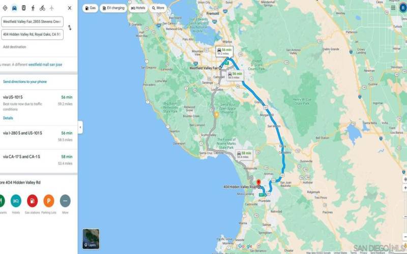 Westfield Valley Fair to property via US-101 or CA-17 to CA-1 in under an hour, longer at rush hour. Day-trip options from property like Big Sur abound! Google Maps