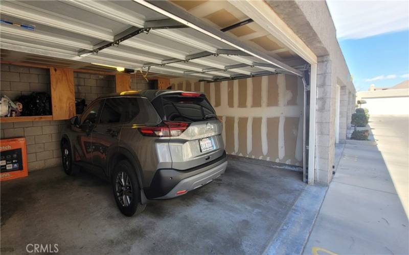 Two car garage with storage.