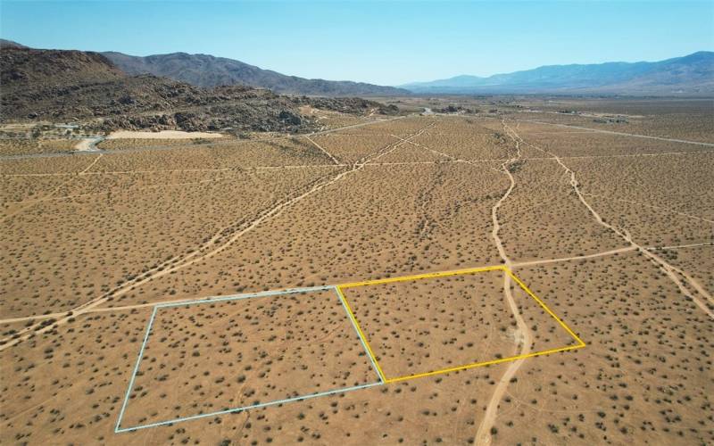 Looking toward the East of Apple Valley. Blue Highlighted Boundaries is APN 0439-402-11-0000 - Yelow Highlighted Boundaries is APN 0439-402-10-0000.