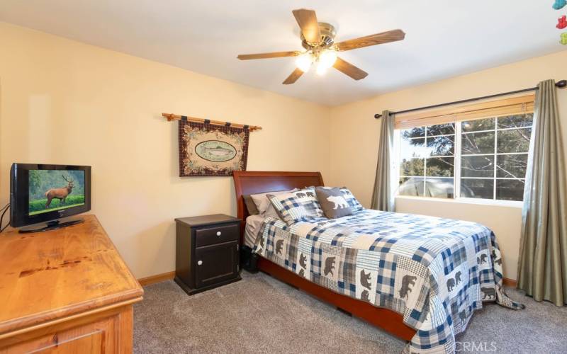 The rear bedroom is large with its own ceiling fan/light and newer, neutral carpeting.