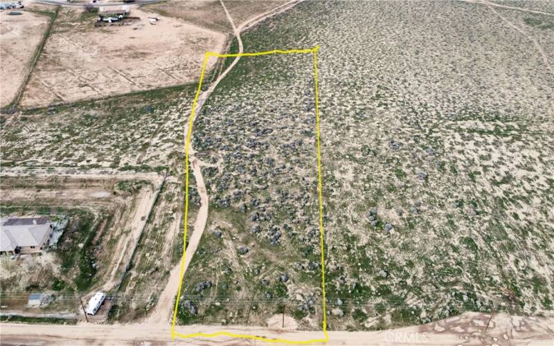 Bird's Eye View, Drone Pic, Showing Highlighted Area, Estimated Lot Lines from the San Bernardino County Satellite Overlays.