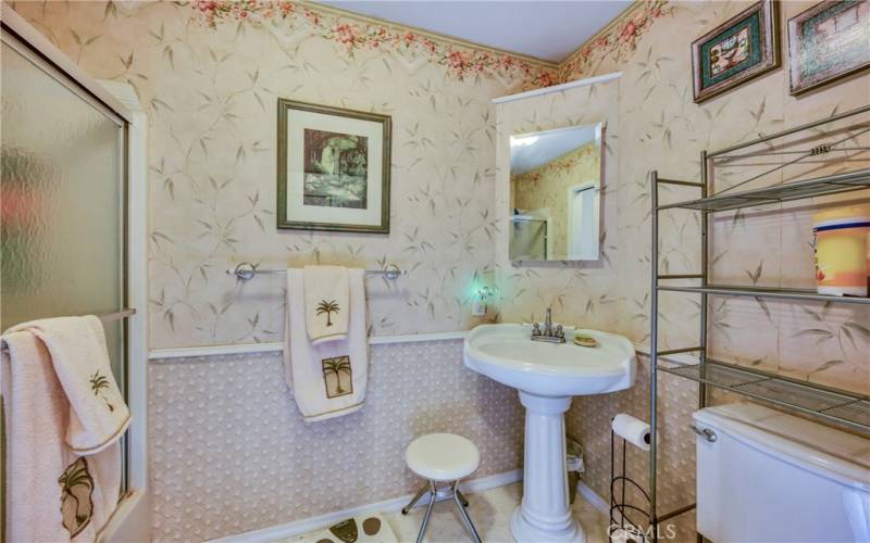 Hall bath with shower over tub.