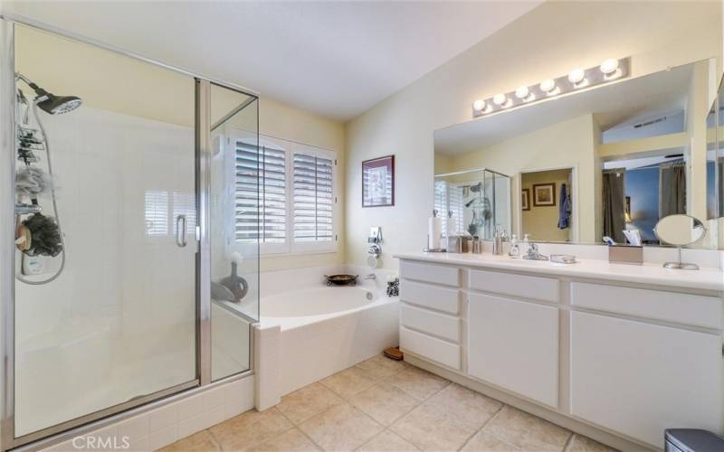 Primary bathroom with walk-in closet, bath tub, separate walk-in shower, double vanity area and sinks with storage underneath.
