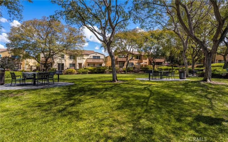 Lush park just outside the community pool offering private BBQs and seating accommodates multiple parties.