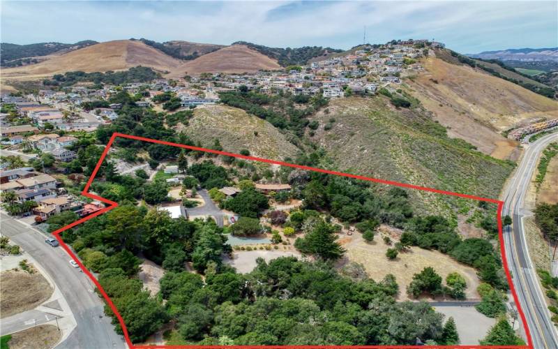 Aerial shot with property lines looking east