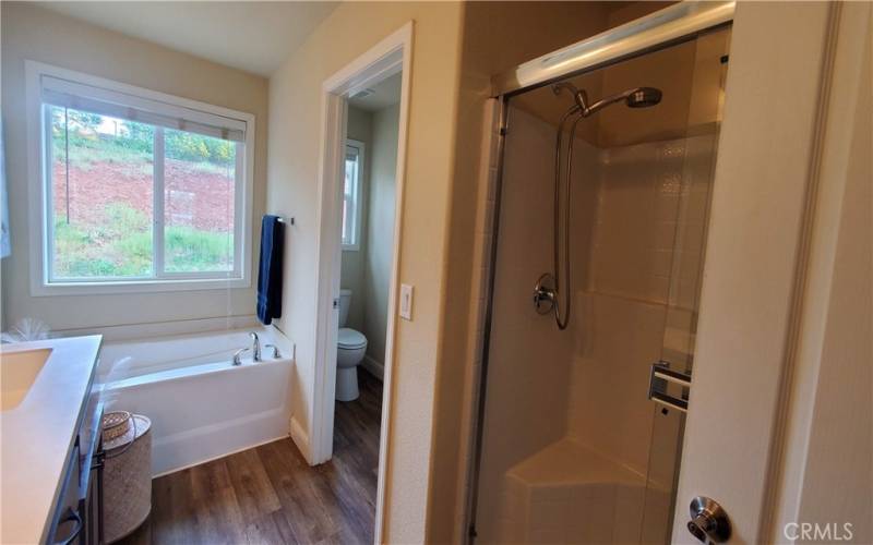 soaking tub and private water closet in master bath