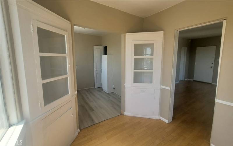 There are 2, corner built-in's in the dining area of the one bed unit.