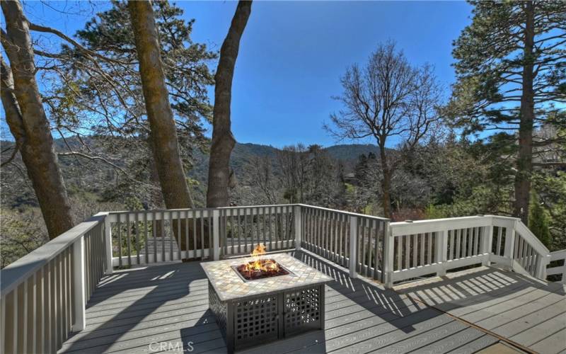 Deck with fire pit and tree lined views