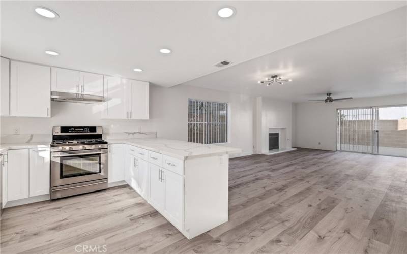 Kitchen with new cabinetry, beautiful quartz countertops, brushed nickel hardware, new LVP flooring. This room is open to an additional eating space and add bar stools to sit up to the counter. Great entertaining space!