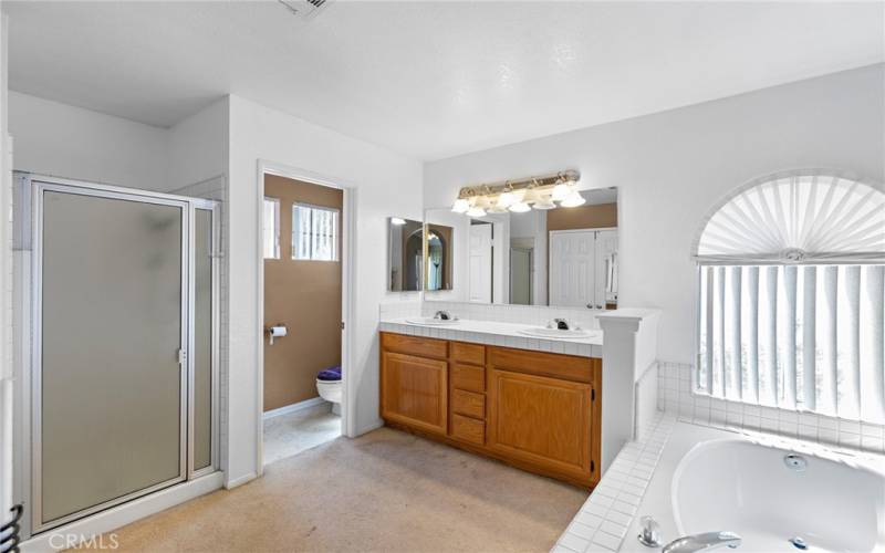 Primary bathroom features large oval bath tub, separate shower, double vanity, separate water closet and large walk in closet