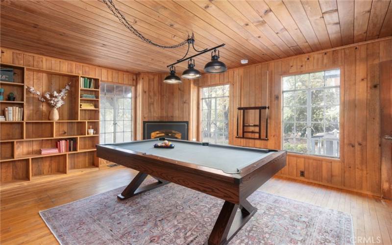 Pool room with a propane fireplace