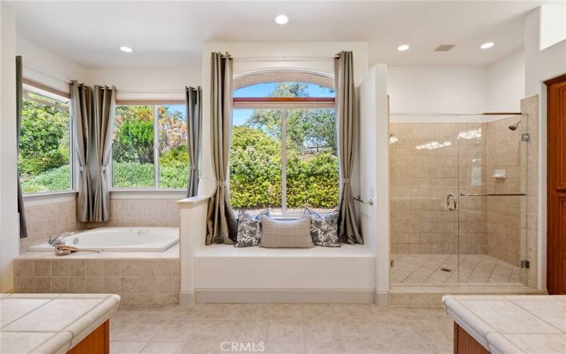 The spa-like ensuite bathroom is spacious and relaxing. There is a large walk in shower with dual shower heads and a bench for resting.