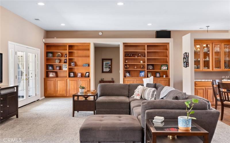 Great Room, built-ins, dining area open to kitchen