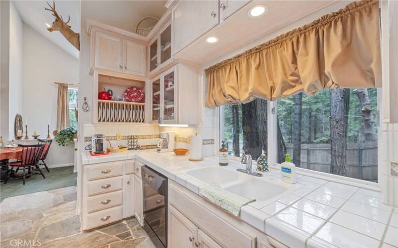 kitchen sink area with open cabinet view