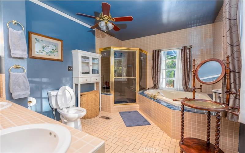 Primary bathroom with jetted tub and great views to backyard