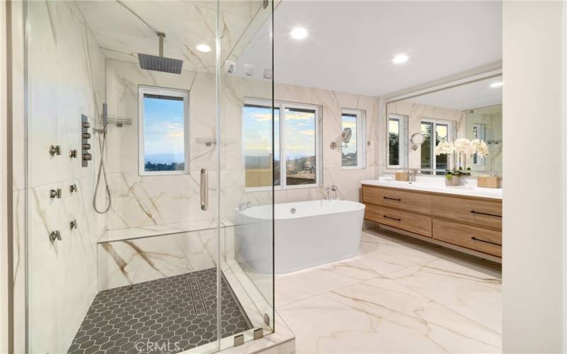 Primary bath with stunning views, soaking tub, lighted mirror.