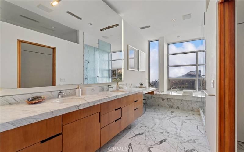 Primary Bathroom with pocket sliding door and beautiful marble countertops and floors