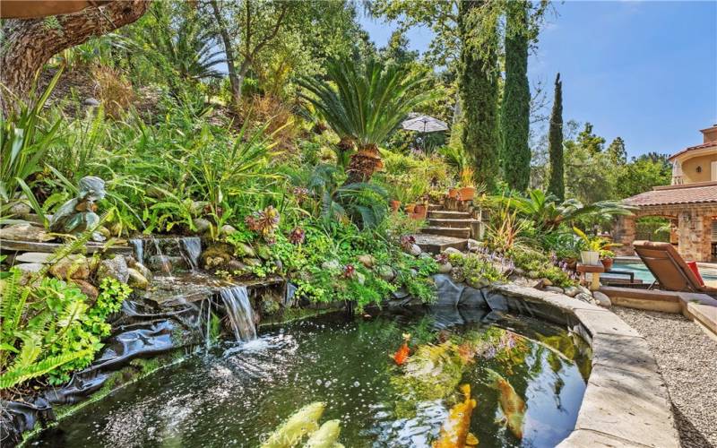 Koi pond and stairway to the hilltop with gorgeous views