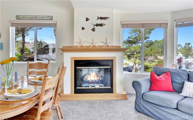 Gas log fireplace offers ambiance and warmth.
