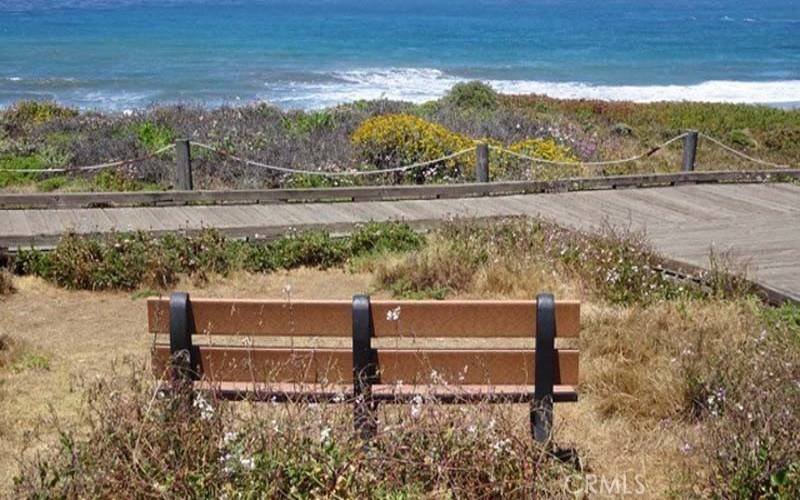 Moonstone Beach Boardwalk where one can sit and enjoy the view or stretch their legs with a walk.