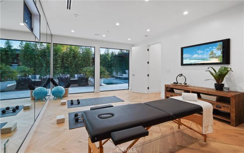 Gym / Bonus Room w / a Wall-to-Wall Mirror and a Picture Windows overlooking Stunning Backyard.