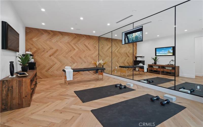 Gym / Bonus Room w / a Wall-to-Wall Mirror and a  Picture Windows overlooking Stunning Backyard.