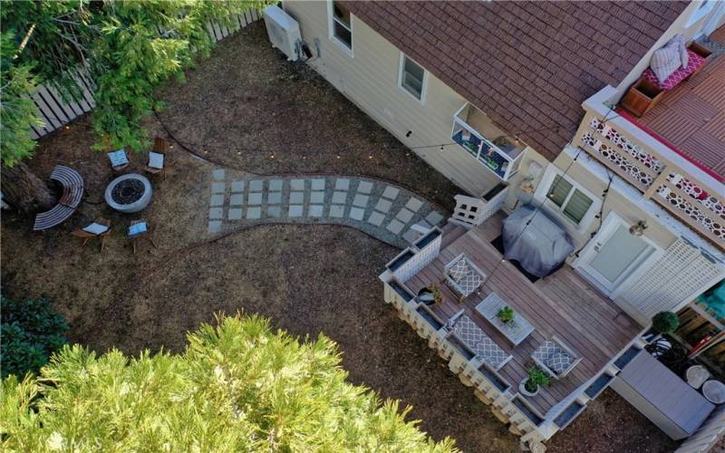 Aerial of back yard w/ fire pit