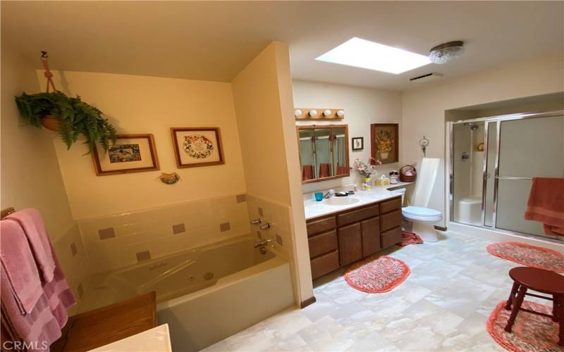 The mater bath has a separate tub and walk-in shower.