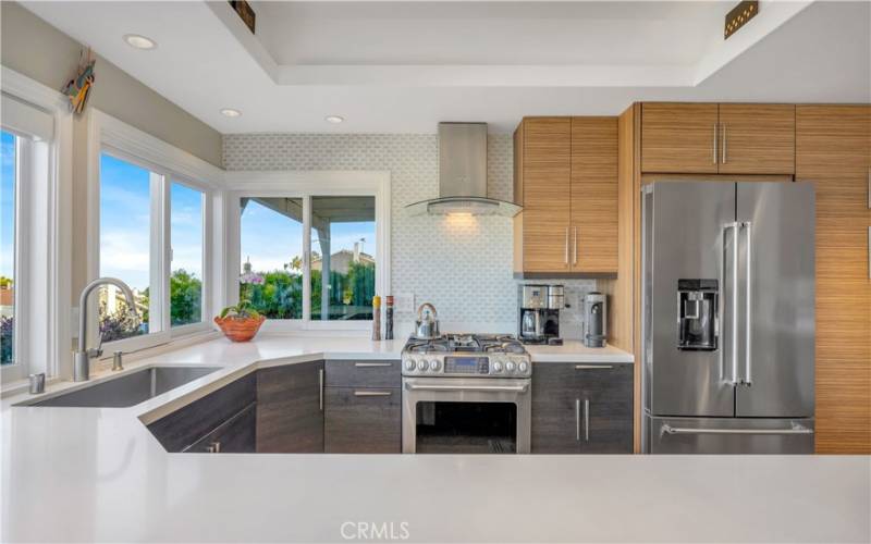 Stainless steel appliances, built-in refrigerator, contrasting color cabinets with self-closing drawers.