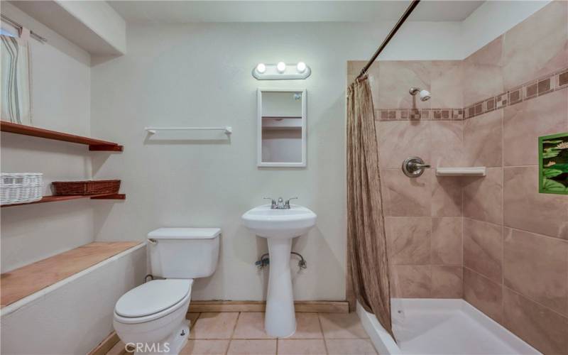 Downstairs apartment has a bathroom with step-in shower