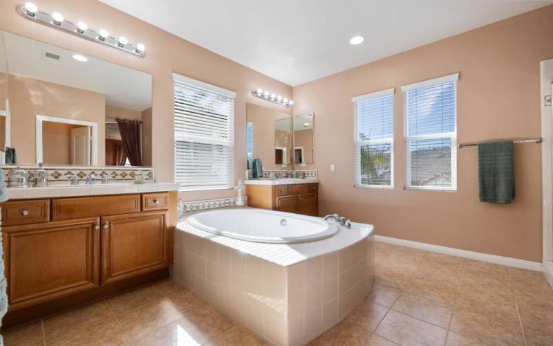 Primary bath with soaking tub, shower and large walk-in closet