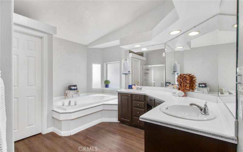 Primary bathroom with soaking tub, dual sinks, walk-in shower (to the left)