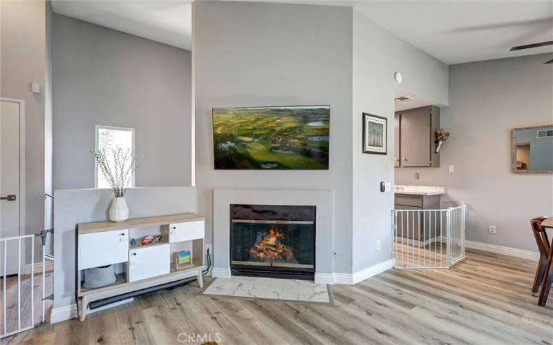 Gas Fireplace and mounting for TV above. Image on tv screen & fire have been digitally added.