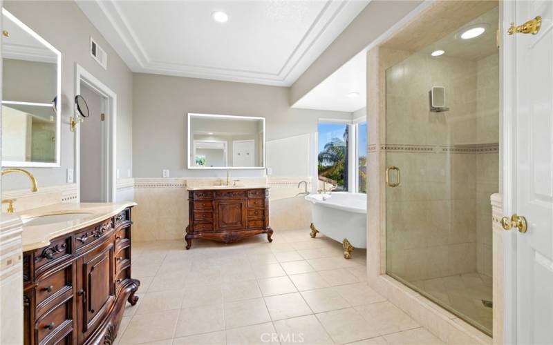 Primary bathroom with dual sinks, walk-in shower with a glass enclosure, and a separate tub.