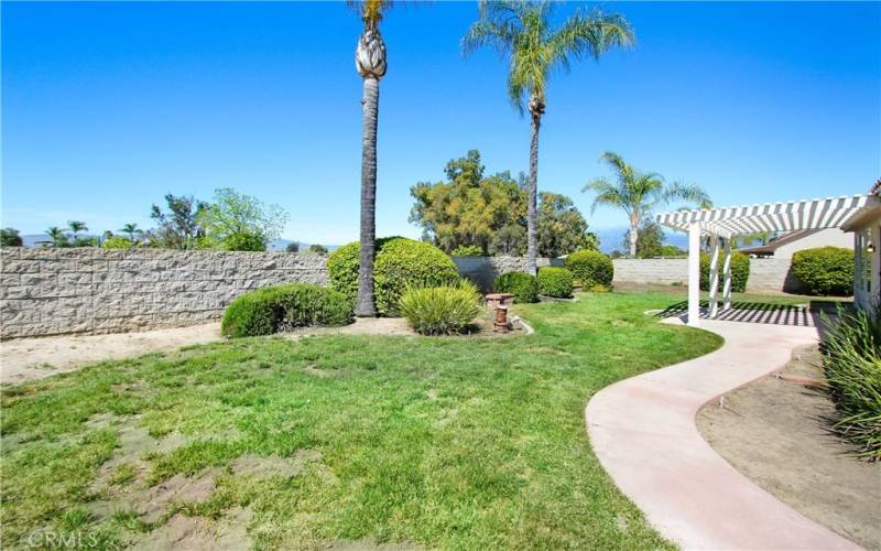 Back yard with palm trees and brick seating benches.  Enjoy the view of Idyllwild.  No homes on the other side of the block wall provides a rural setting.  Plenty of privacy!