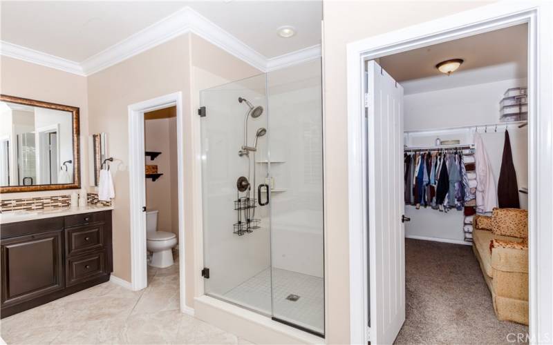 Primary bath with view of walk in closet