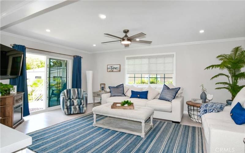 spacious living room, front porch to the left