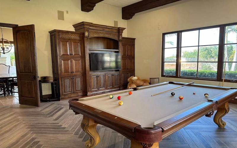 Large gaming room with billiards table and tv.