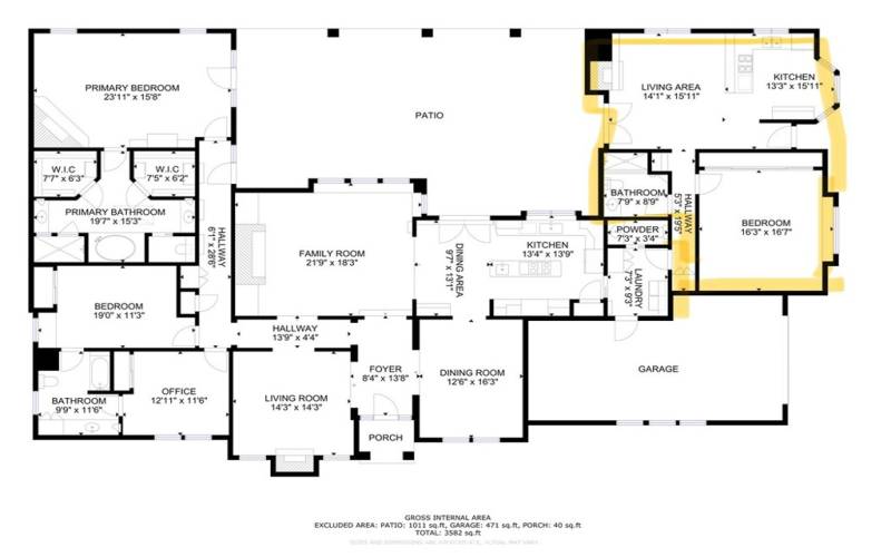 You are now entering the Guest house/In-law Suite/income producing rental area in yellow highlight.