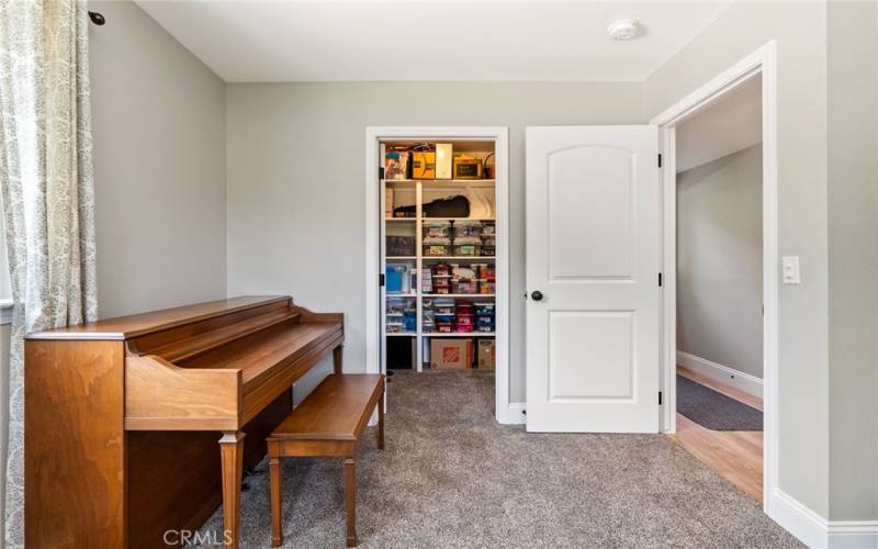Huge walk-in closet with shelving for easy organization.