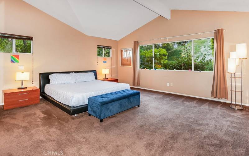 The oversized primary suite is drenched in natural light and is further enhanced by rising wood-beamed ceilings with a dynamic architectural design, a sparkling window with stunning backyard views, huge walk-in closet with organizers and plush carpet.