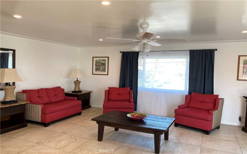 Large family room open to dining area with views